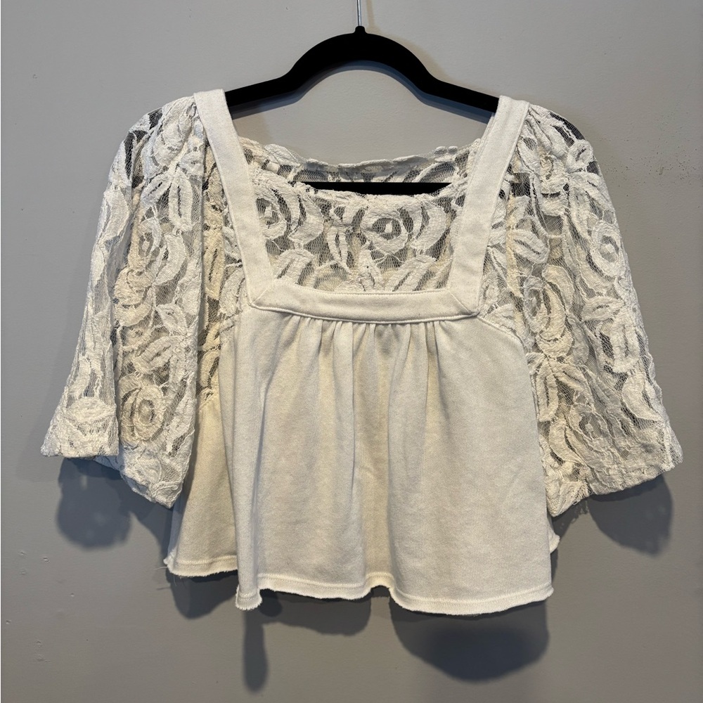 We The Free White Lace Short Sleeve Peplum Top